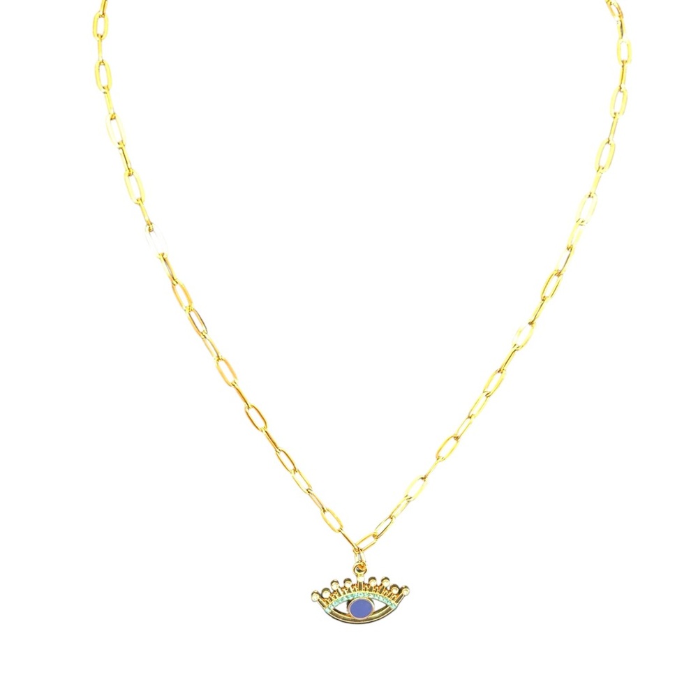 Gold Plated Evil Eye Charm Necklace Paperclip Chain Dainty Protective Jewelry
